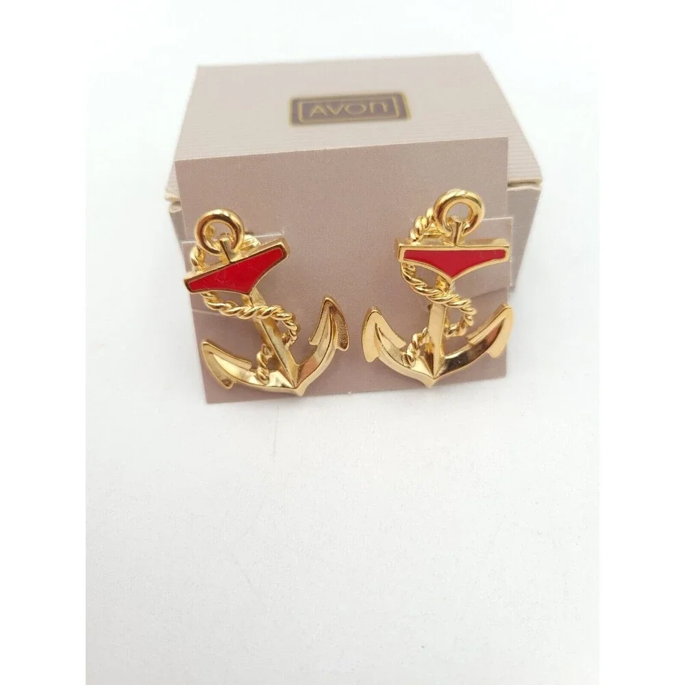 Clip On earrings Avon Anchors Aweigh Red‎ Gold Tone Nautical with Box Sailing